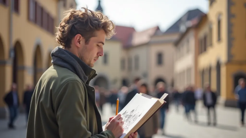 Artist sketching architectural details on location in historic town square