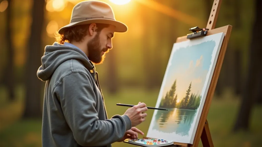 Artist at outdoor easel painting Lithuanian forest landscape with watercolors in natural light