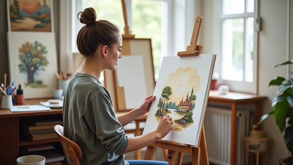 Artist working with watercolor painting supplies in a bright studio environment