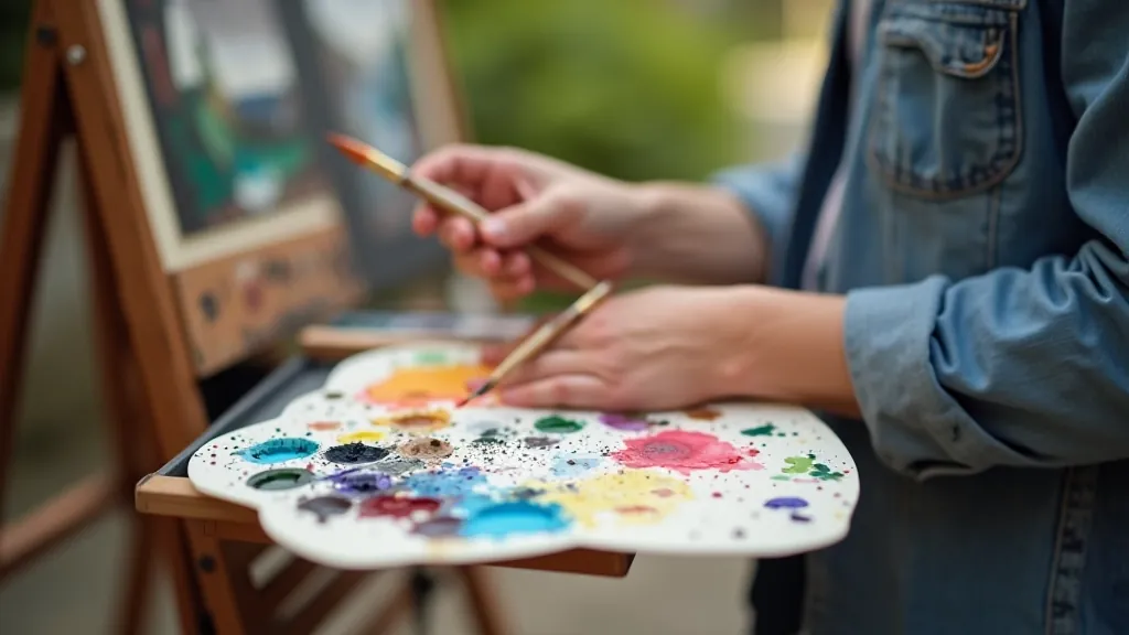 Close-up view of artist's hands holding brushes and palette while painting outdoors in natural light