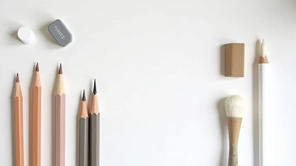 Arranged collection of graphite pencils with varying hardness levels, eraser, and blending stumps on clean white surface