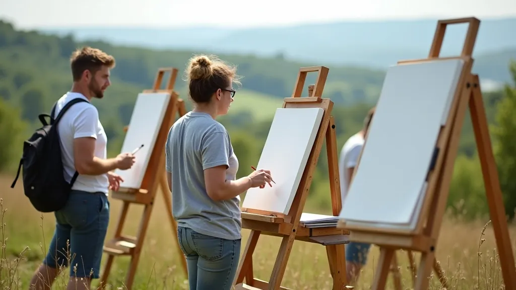 Artist group setting up easels and materials on grassy hillside overlooking scenic landscape with multiple participants