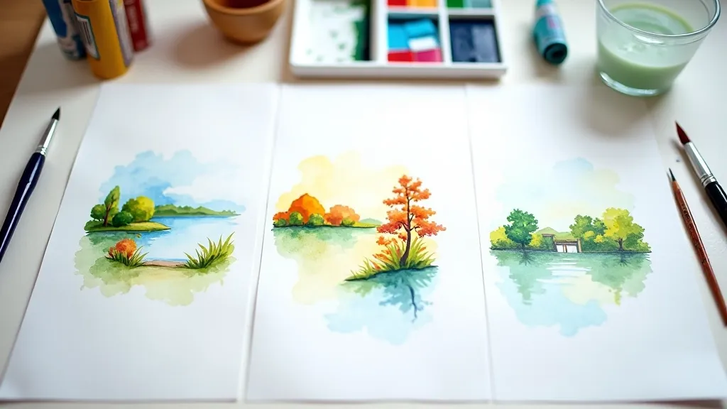 Three watercolor technique demonstrations showing wet-on-wet sky, glazed forest layers, and dry-brush texture details