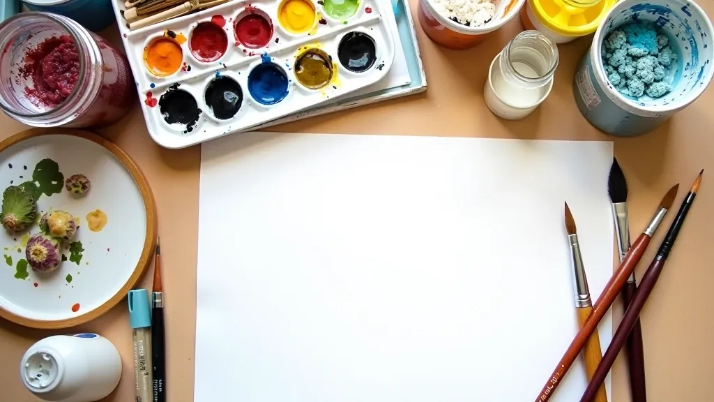 Organized watercolor painting kit with paints, brushes, paper, water containers and reference materials laid out