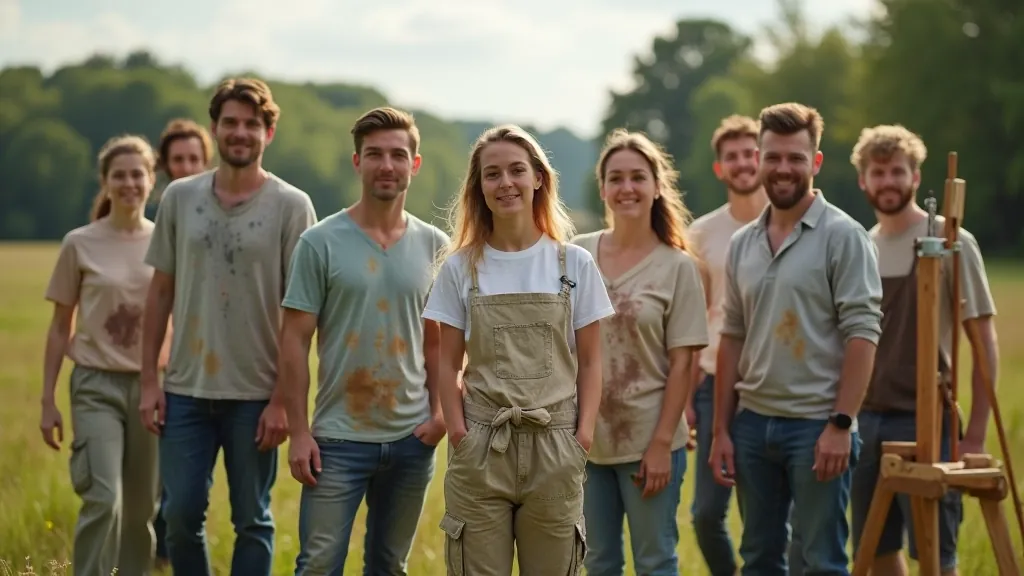 Group of artists painting outdoors together in natural landscape setting