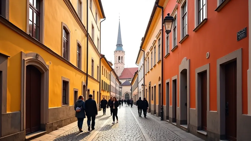 Narrow cobblestone street in Vilnius Old Town with colorful historic buildings and church spires visible, morning light creating shadows