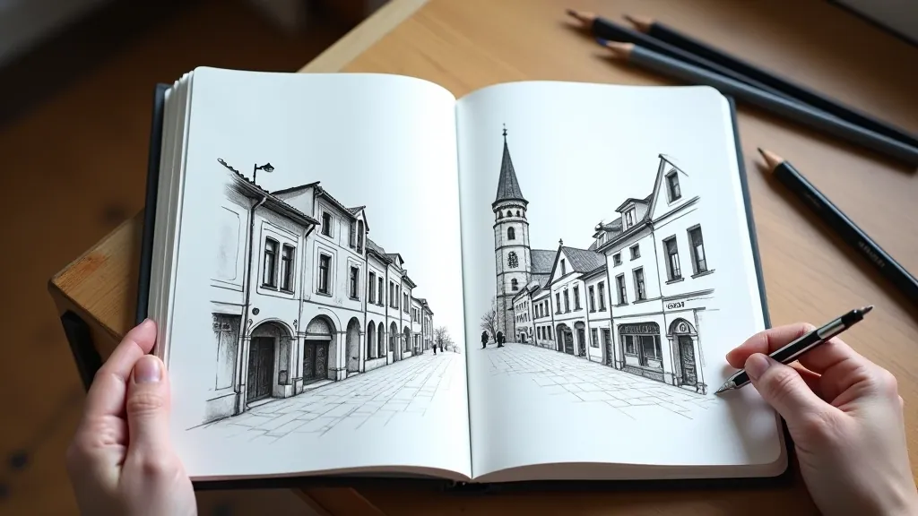 Open sketchbook with detailed pencil drawings of urban scenes and building sketches