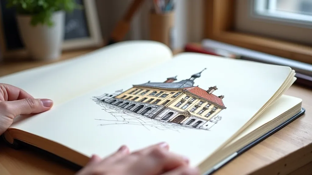 Artist's sketchbook open showing completed urban sketch of historic building facade with architectural details and watercolor shading