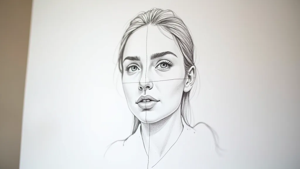 Sketched face with proportional guide lines showing eye placement, nose positioning, and facial structure measurements