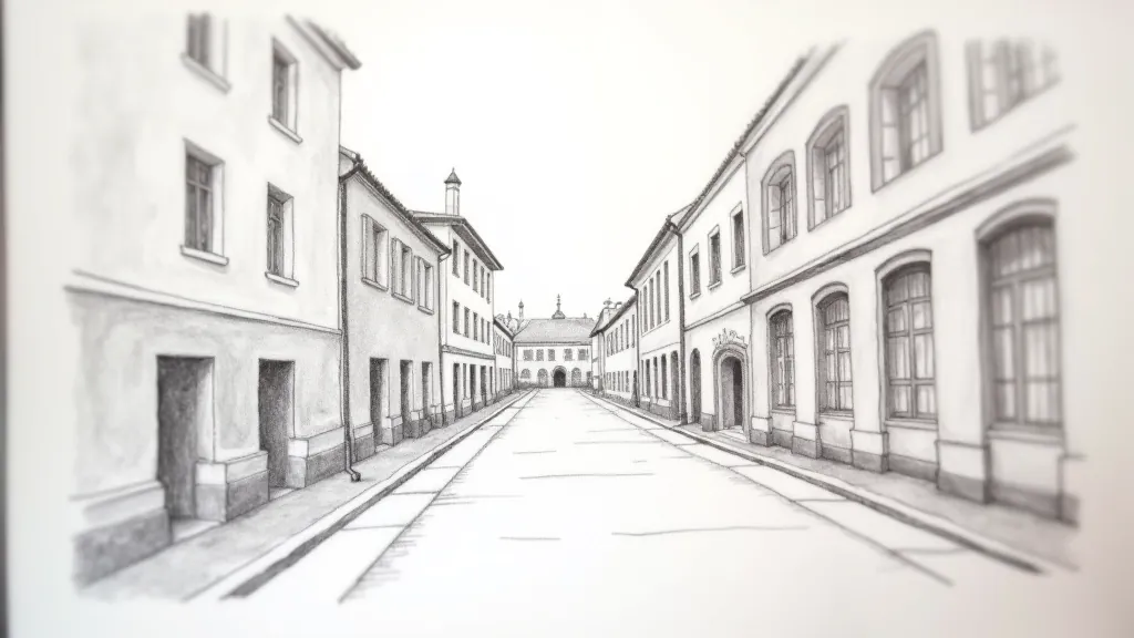 Pencil sketch demonstrating one-point perspective with buildings receding toward vanishing point on horizon