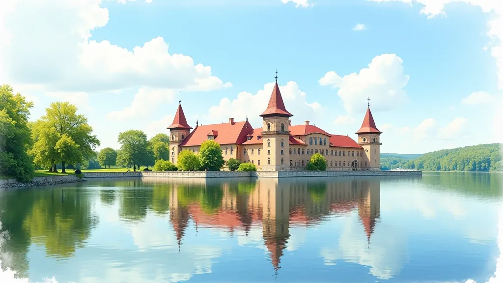 Historic Trakai Castle with red brick towers reflected in calm lake water, scenic waterfront location perfect for landscape painting
