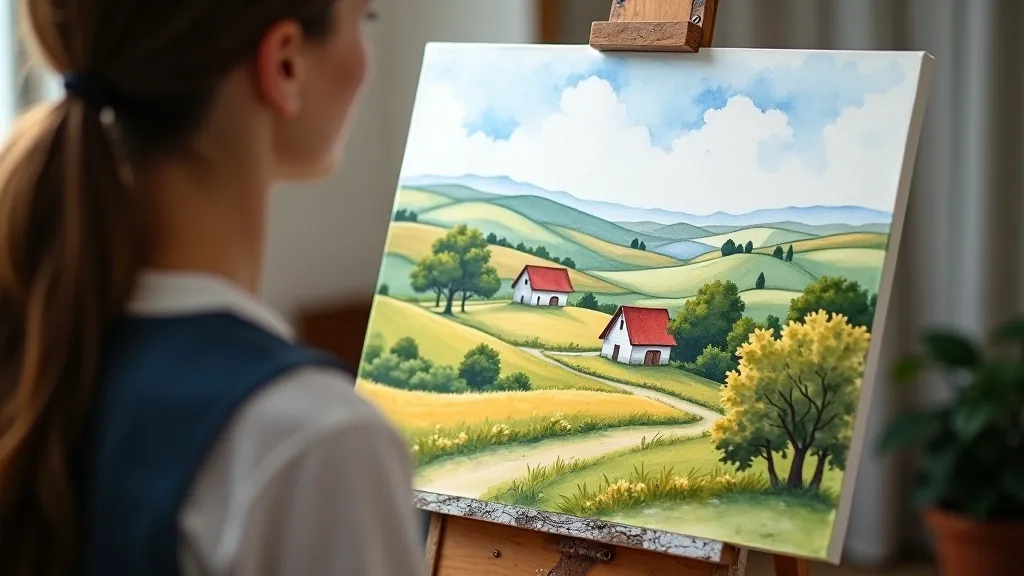 Beautiful watercolor painting depicting a traditional Lithuanian rural landscape