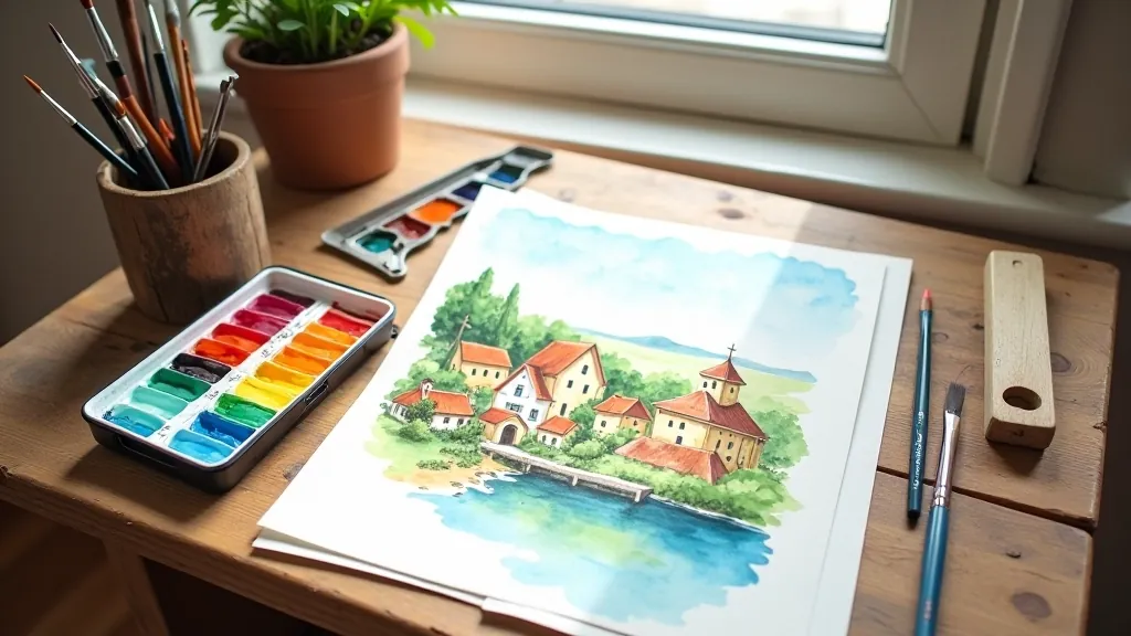 Watercolor painting supplies arranged on wooden table with brushes and palette